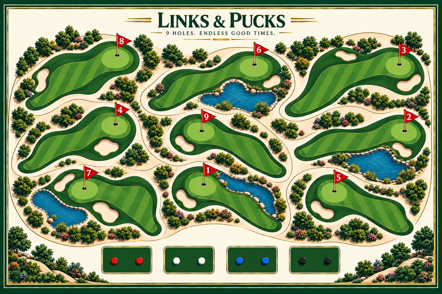 Overhead view of the Links and Pucks nine-hole course